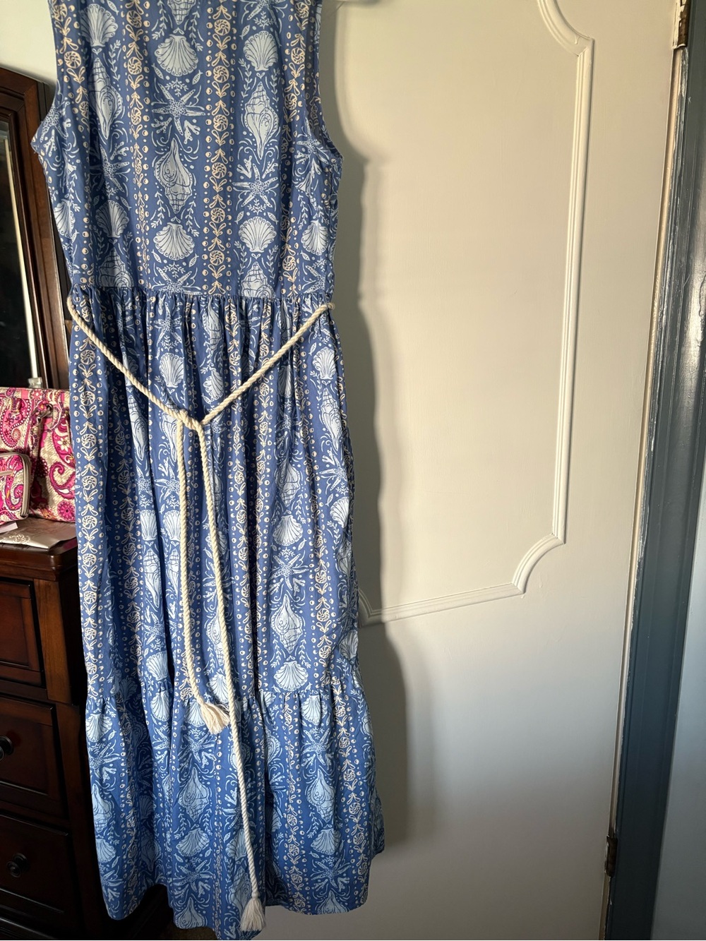 J. Crew Blue and White Shell-Print Sleeveless Maxi Dress with Rope Belt